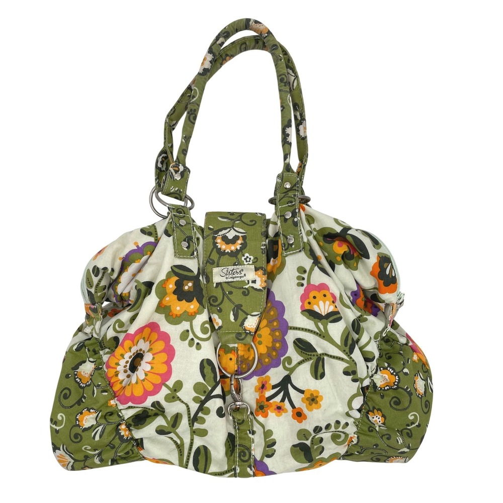 Longaberger Sisters Floral Tote Bag Womens OS Green Cotton‎ Retro Shoulder Bag